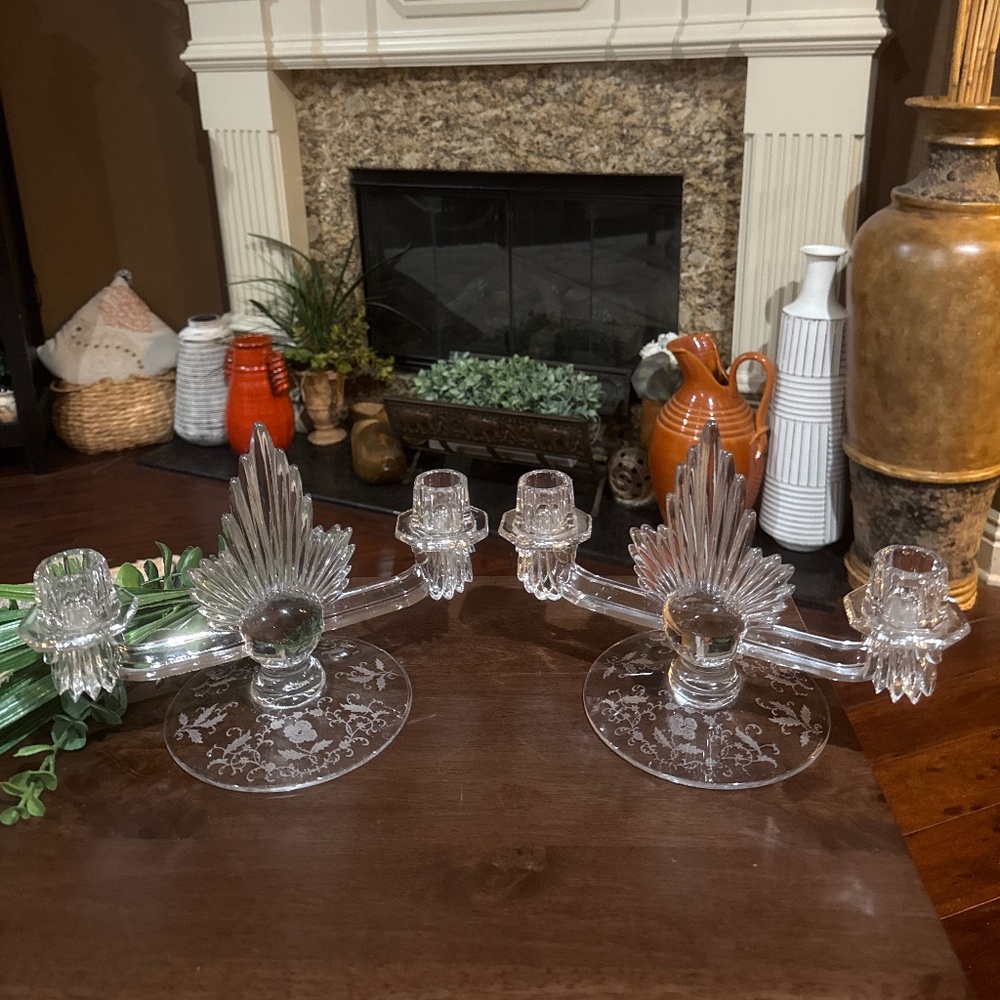 Set of 2 FOSTORIA Candle Holders Vintage Clear Flame Double Crystal Candlestick